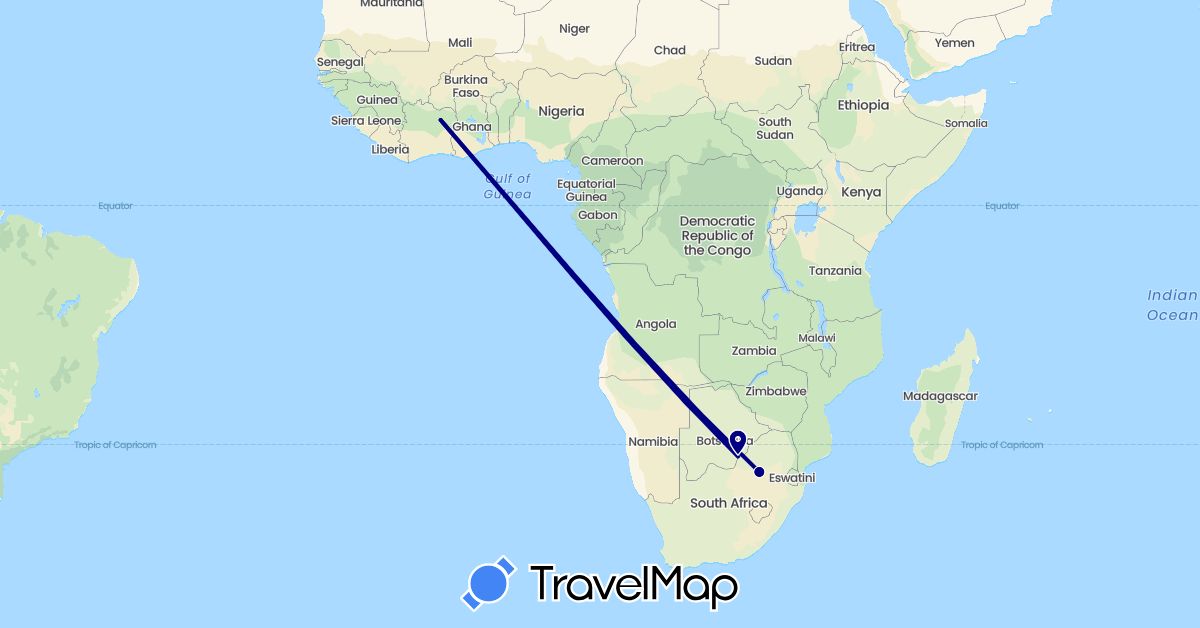 TravelMap itinerary: driving in Botswana, Côte d'Ivoire, South Africa (Africa)